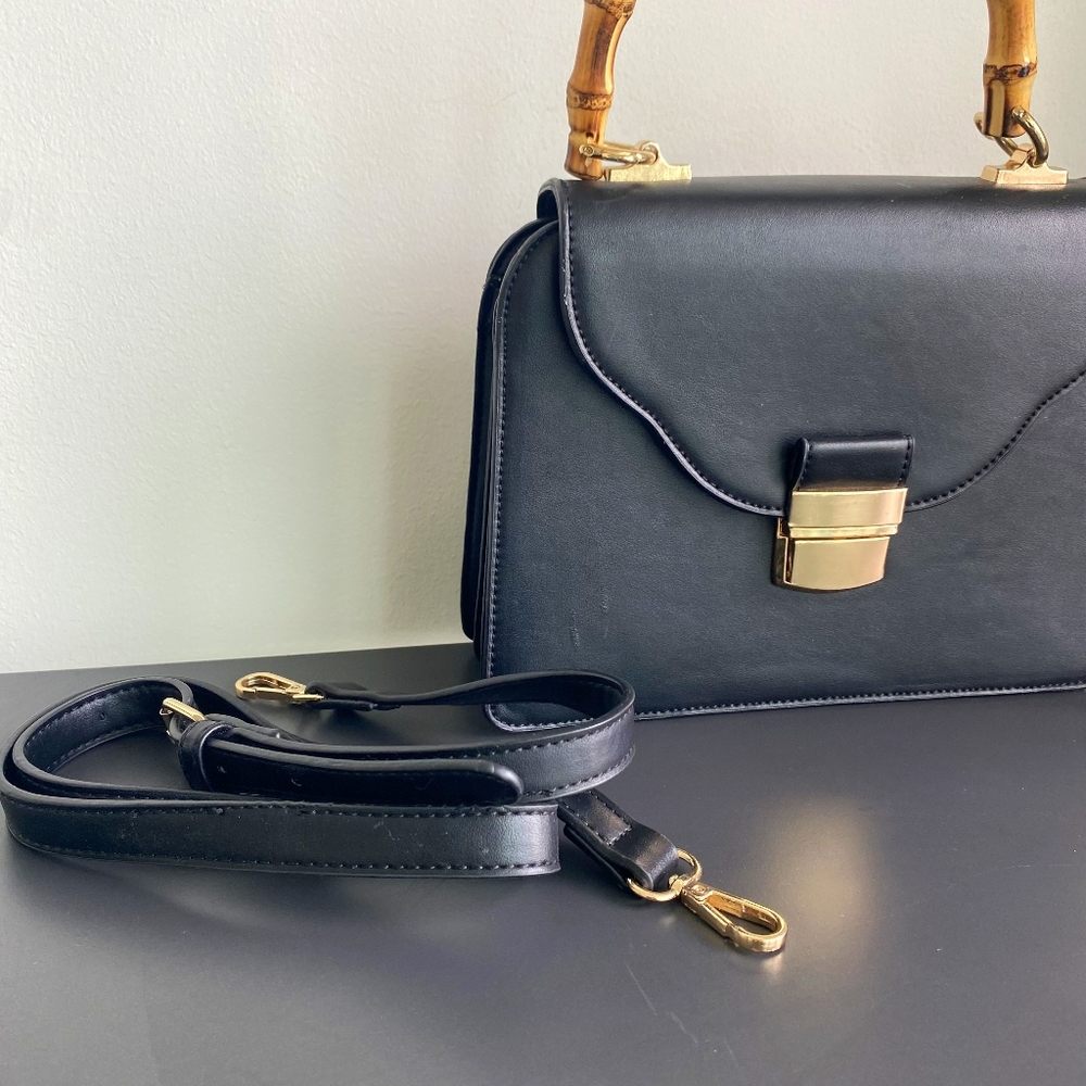 Wooden Handle Satchel Handbag Faux Leather Black - Picture 3 of 8